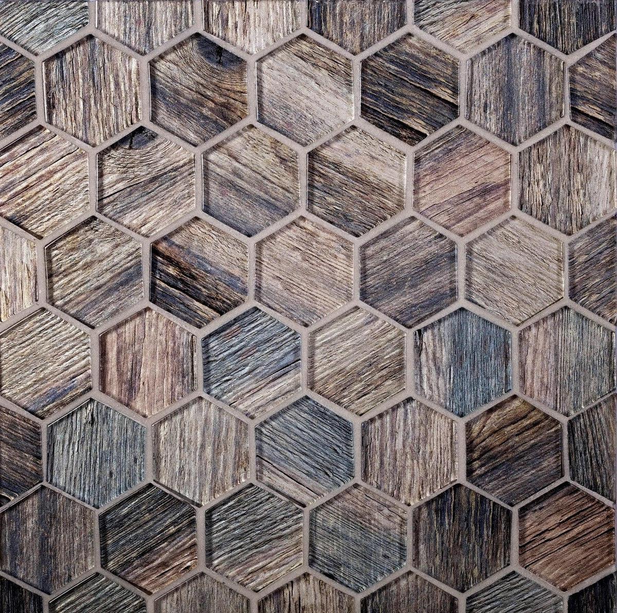 11.8" x 11.8" Blue Wooden Glass Hexagon Mosaic Tile