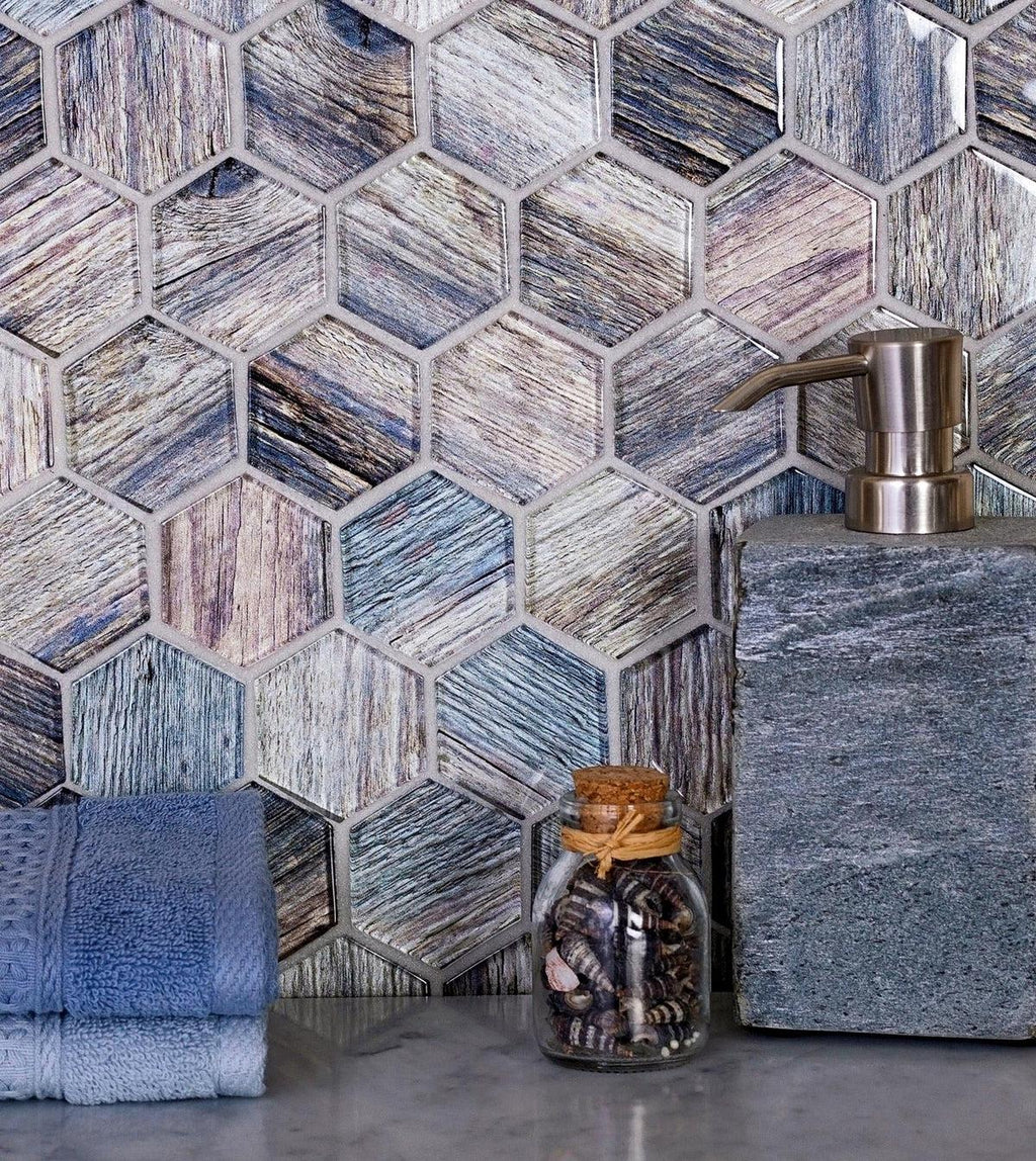 11.8" x 11.8" Blue Wooden Glass Hexagon Mosaic Tile