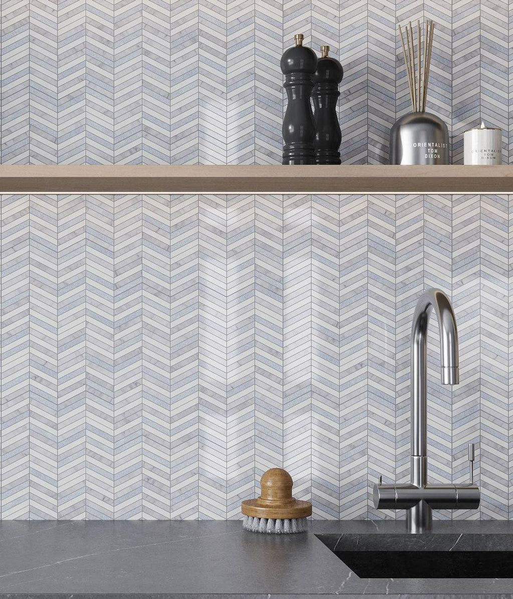 Blue and White Chevron Marble Mosaic Tile | Tile Club