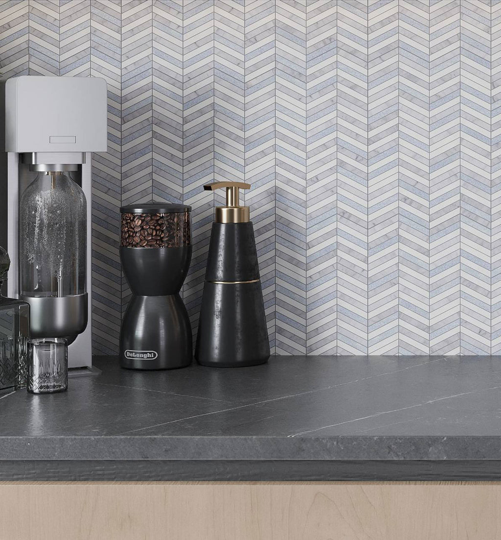 Blue and White Chevron Marble Mosaic Tile | Tile Club