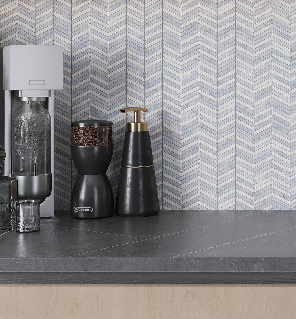 Blue and White Chevron Marble Mosaic Tile | Tile Club