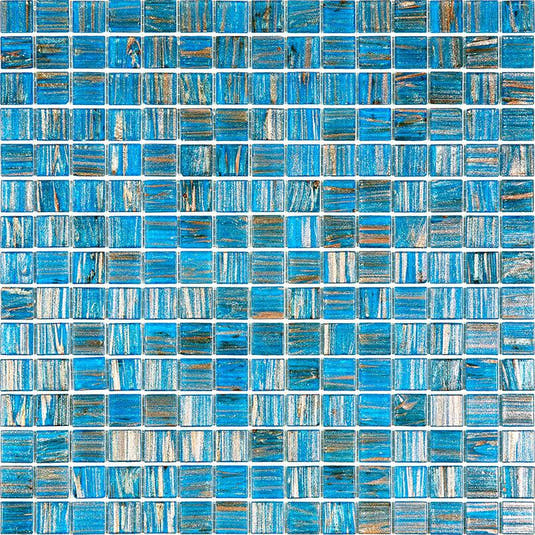 Blue with Gold Stripes Glossy Squares Glass Pool Tile
