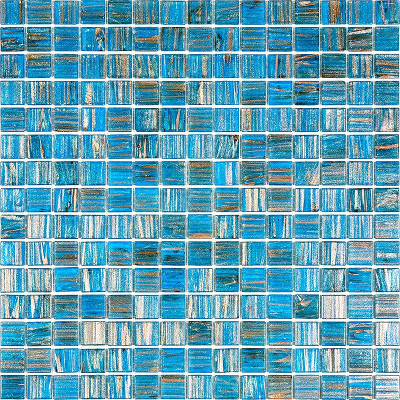 Blue with Gold Stripes Glossy Squares Glass Pool Tile