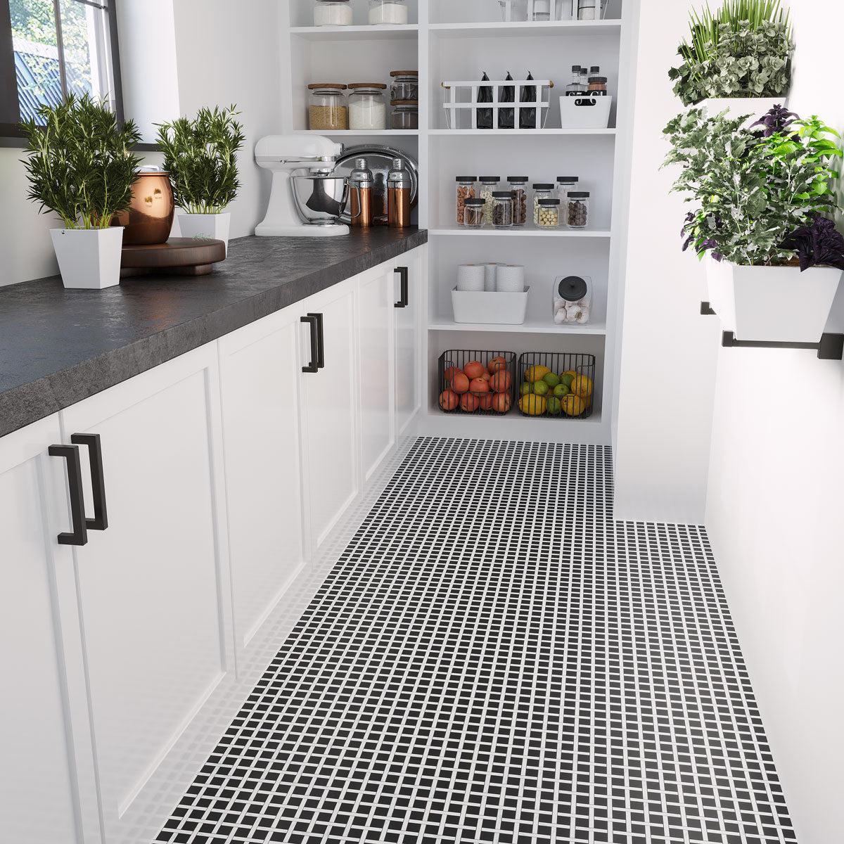 Black and White Basket Weave Kitchen Floor