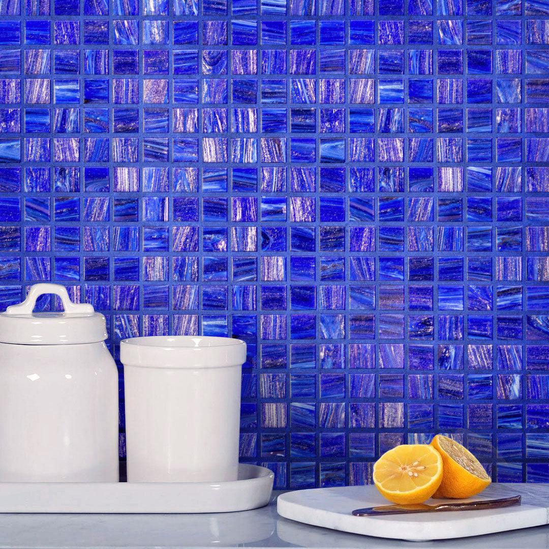 Brushed Navy Blue Squares Glass Pool Tile