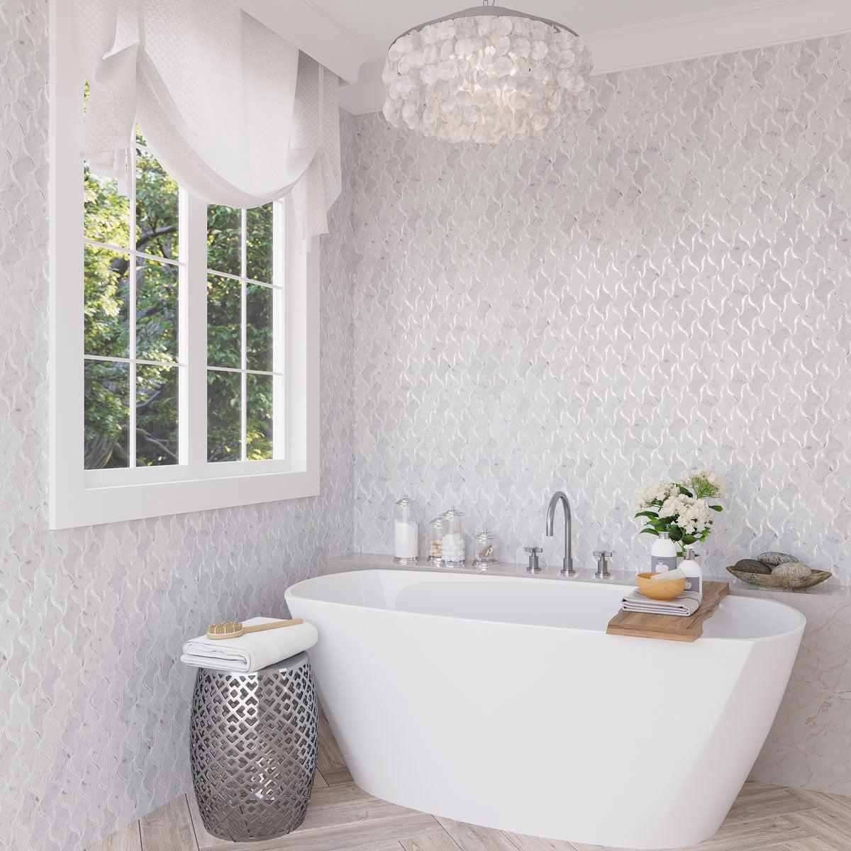 Luxe White Bathroom with Waterjet Mosaic Tile in White Marble and Shell