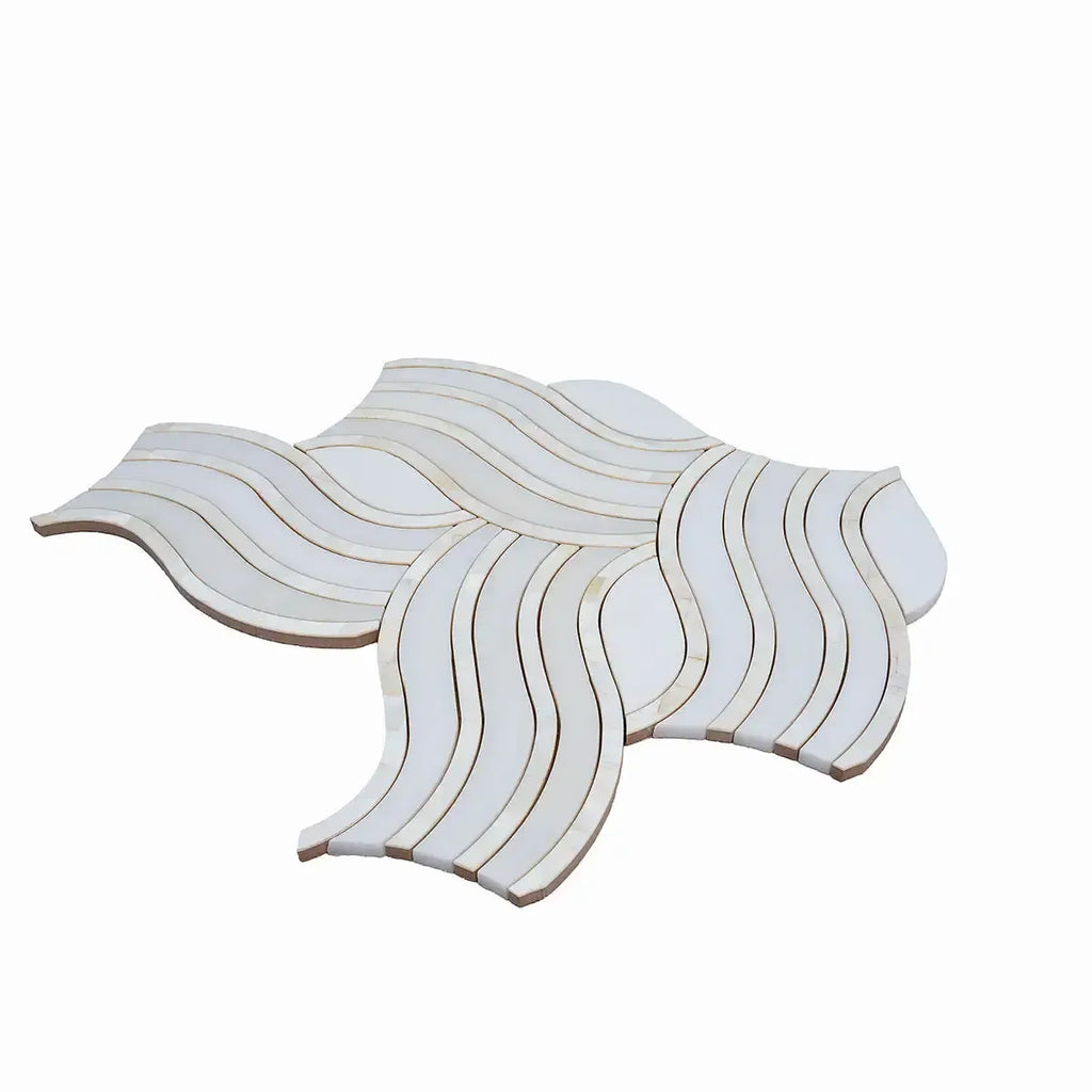 Ocean Waves Shell and White Marble Mosaic Tile | Tile Club