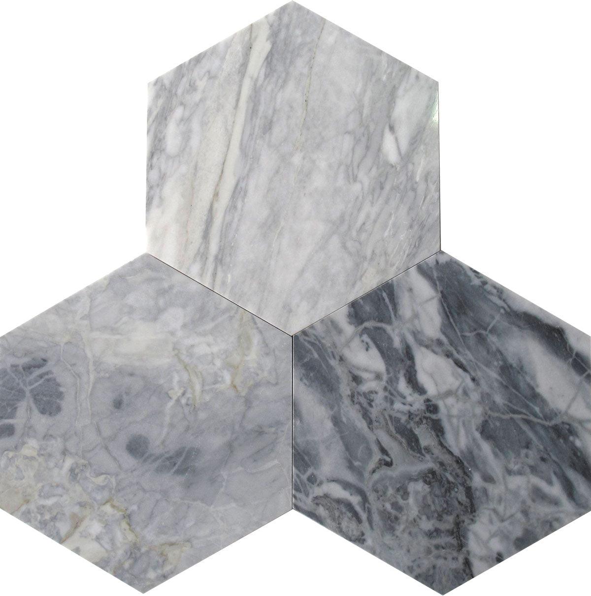 Shade Variation in Calacatta Bluette 10 inch Hexagon Marble Tiles for Floors and Walls