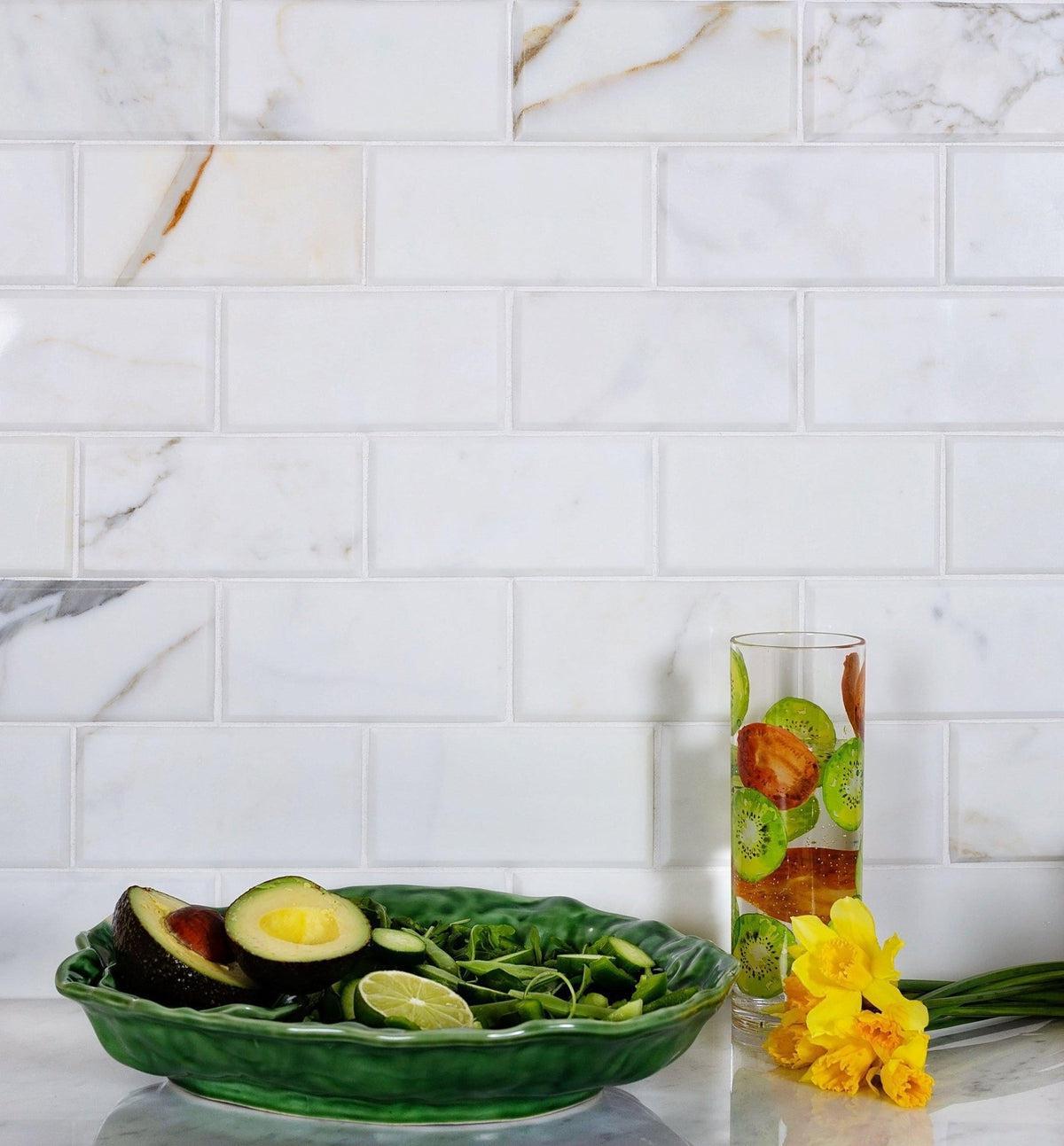 Calacatta Gold Beveled Marble Subway Tile 3X6 | Tile Club
