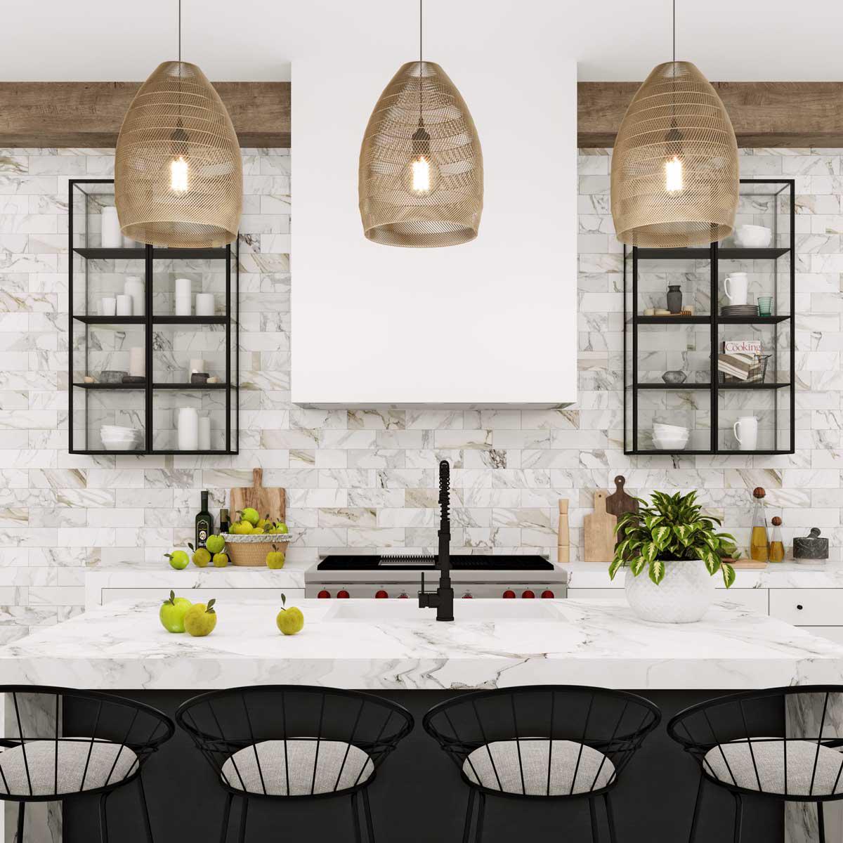 Calacatta Gold Marble Subway Tile Kitchen Backsplash with hanging Woven Pendant Lights