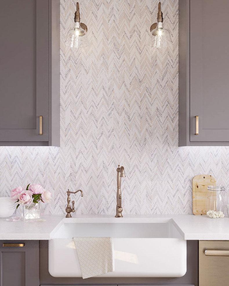 Skinny Chevron Backsplash Tile for a Neutral Farmhouse Kitchen