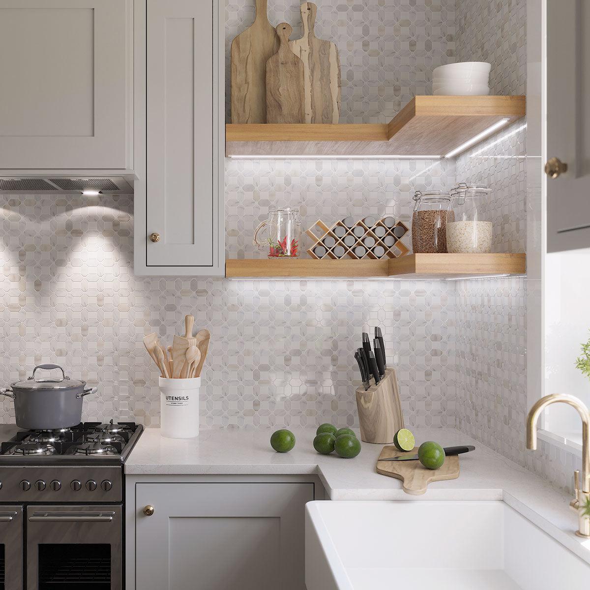 Calacatta Gold Marble Mosaic tile backsplash with open shelves and neutral cabinet paint