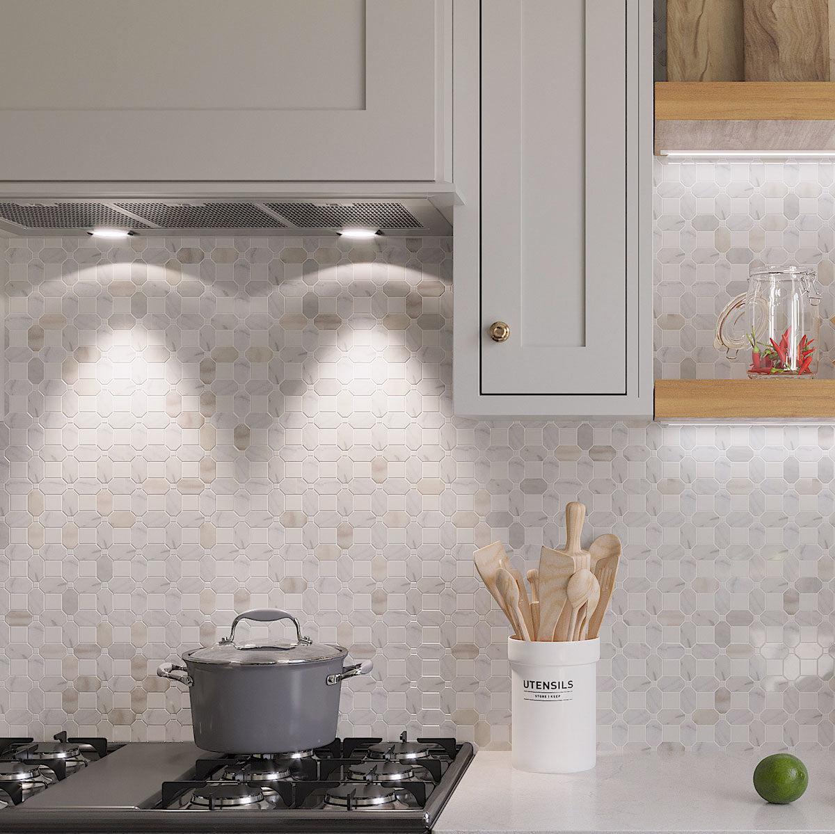 Calacatta Gold Octagon and Thassos Square Marble Mosaic Tile Backsplash