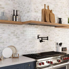 Calacatta Gold and Thassos Brick Tile Kitchen Backsplash and Range Hood