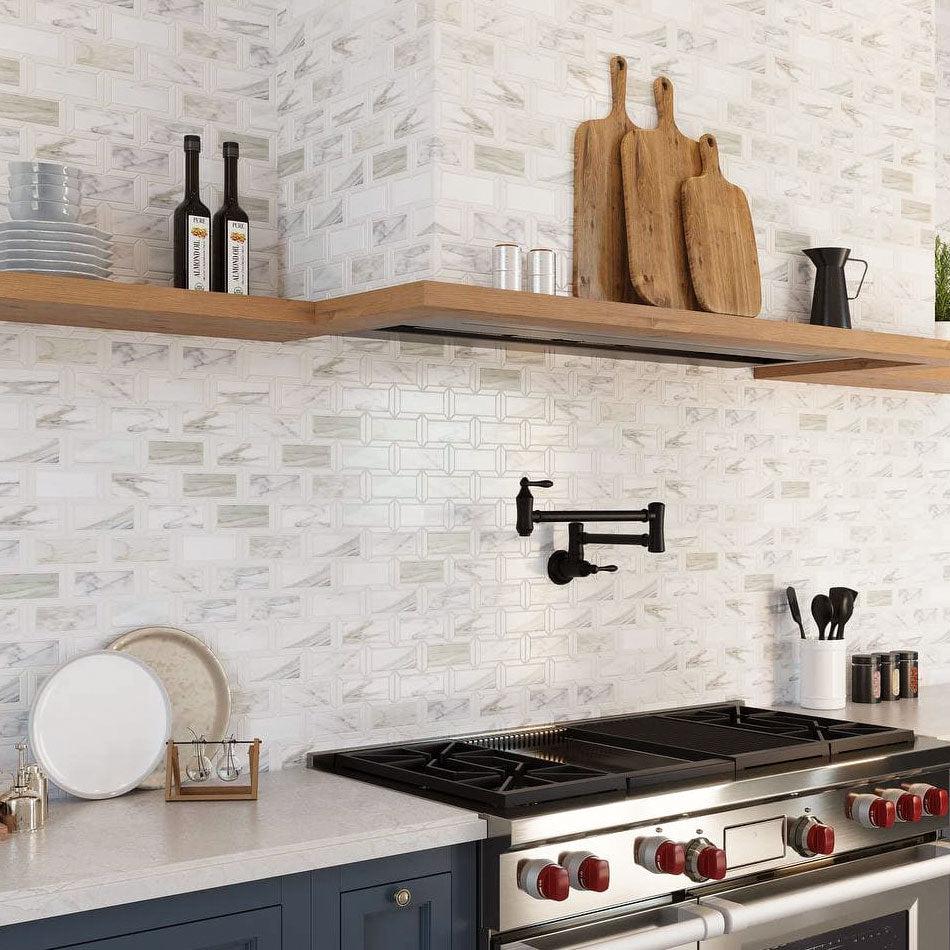 Calacatta Gold and Thassos Brick Tile Kitchen Backsplash and Range Hood
