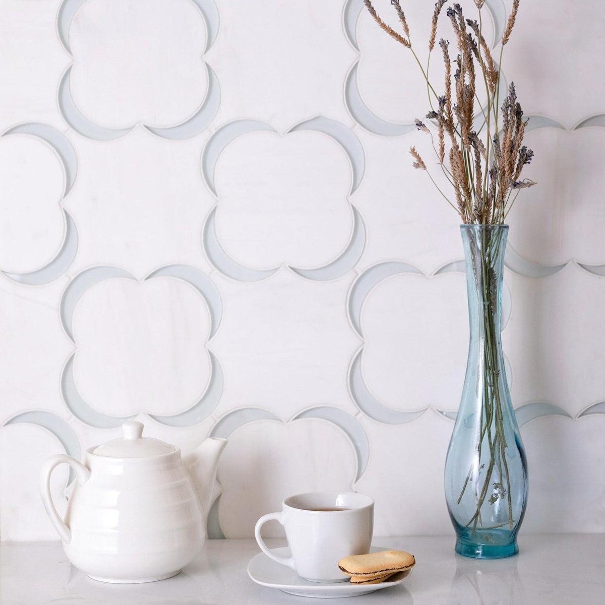 Camelia Dolomiti Bianco & Glass Mosaic Tile for a Kitchen Backsplash