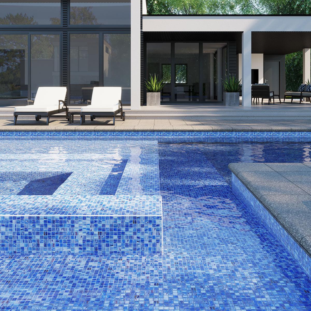 Swimming Pool with Cape Cod Blue Mixed Swirls Glossy Squares Glass Pool Tile on the Waterline