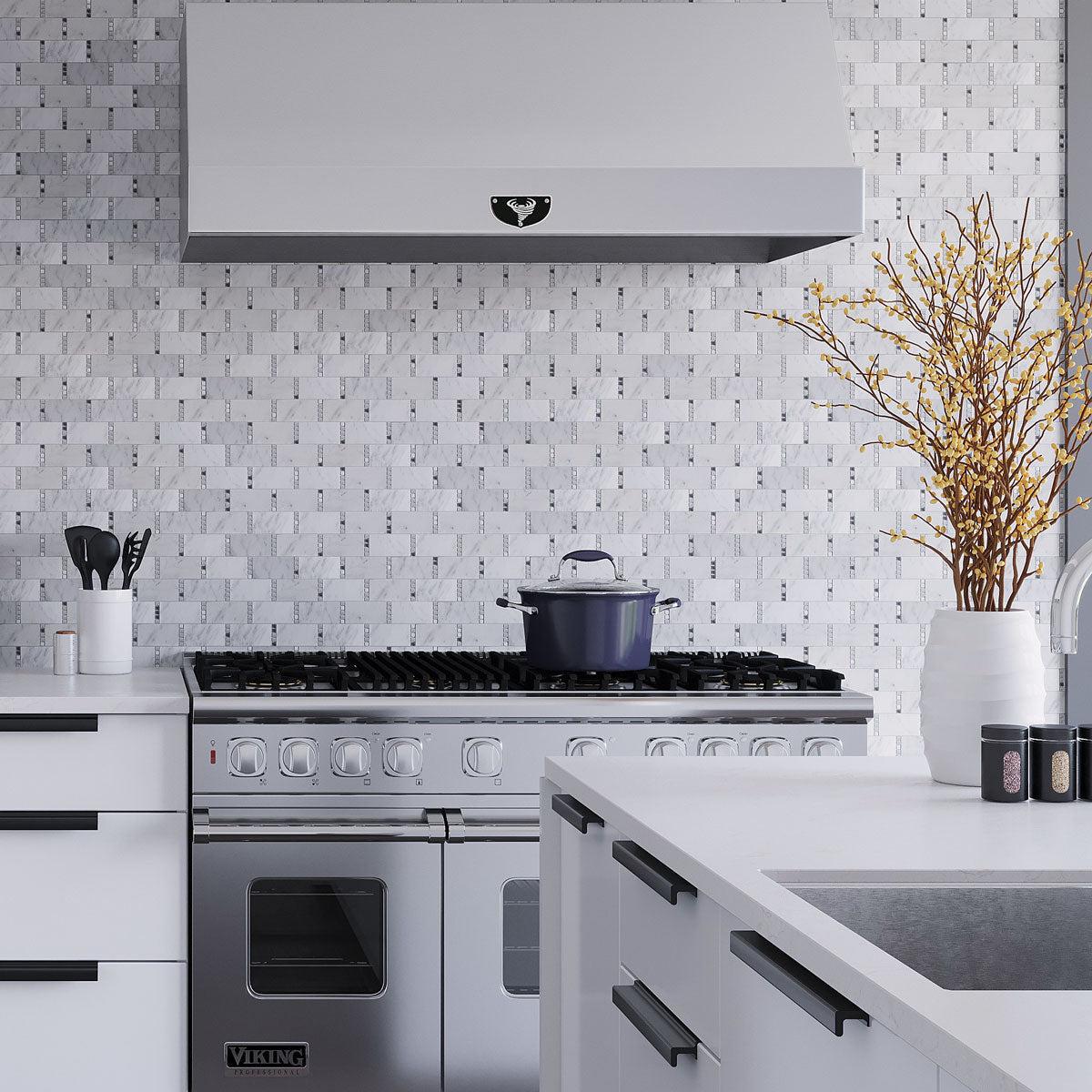 Modern Marble Kitchen with Carrara Subway With Bardiglio Dot Mosaic Tile