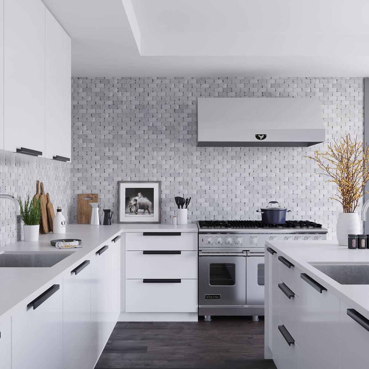 Carrara Subway Tile Backsplash With Bardiglio Dot Mosaic Tile for a Modern Kitchen
