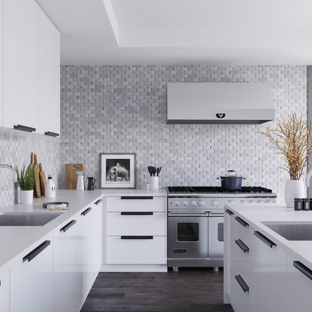 Carrara Subway Tile Backsplash With Bardiglio Dot Mosaic Tile for a Modern Kitchen