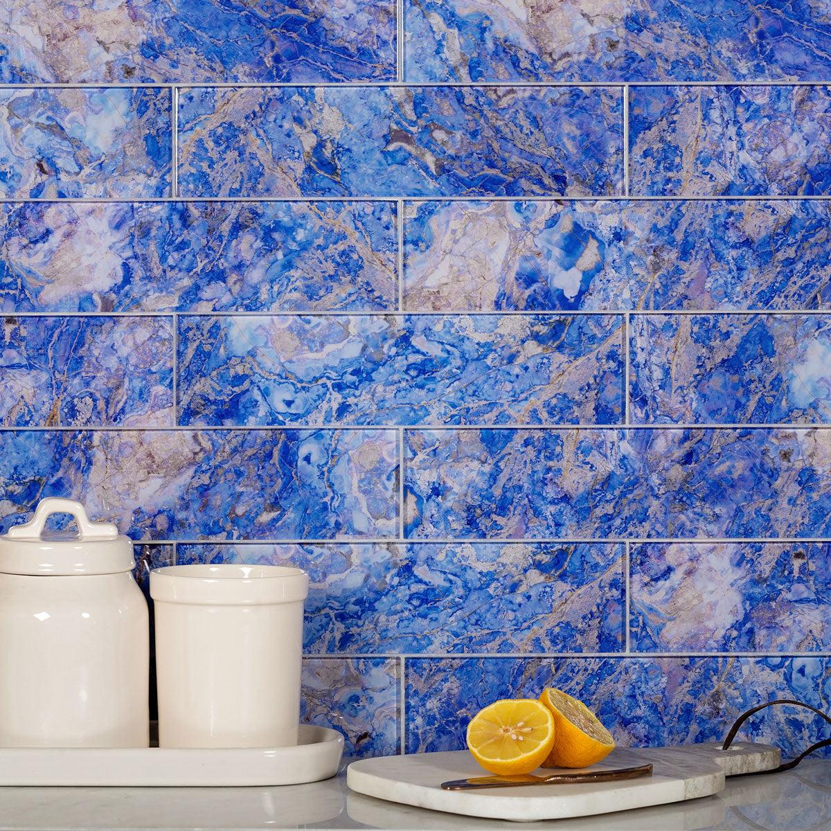 Blue and Yellow Kitchen Design with Celestial Sky Lapis Glass Tile