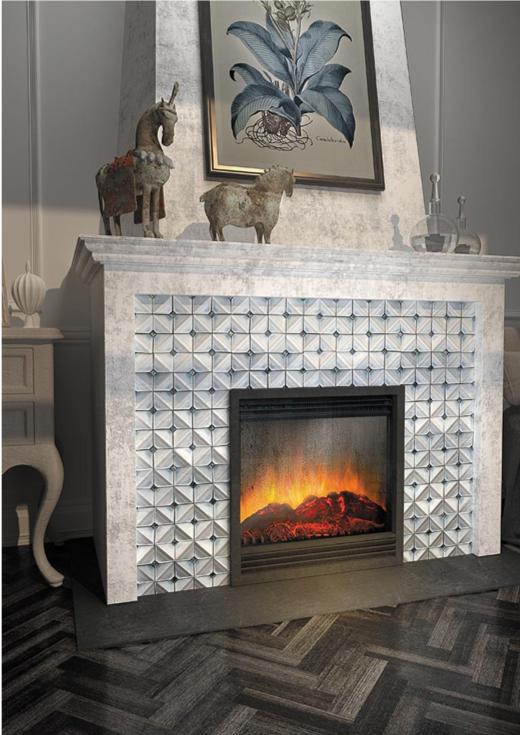 Chateau Blue Square Ceramic Mosaic Tile Fireplace Surround for a Minimalist Geometric Living Room