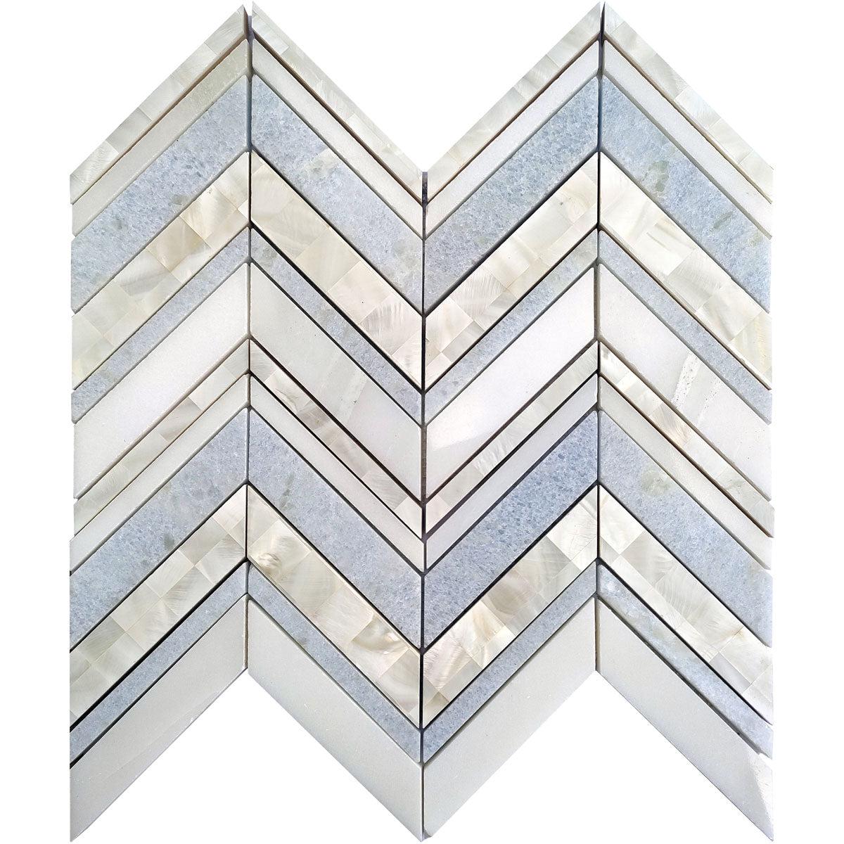 Chevron Pearl Blue Celeste Marble and Shell Tile Sample