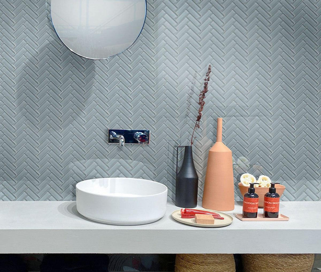 Chic Gray Herringbone Glass Tile | Tile Club