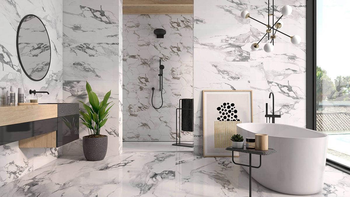 ホワイトオーバルデザインタブレット Rectangle Crash Blanco 36x72 Matte Calacatta Porcelain Tile