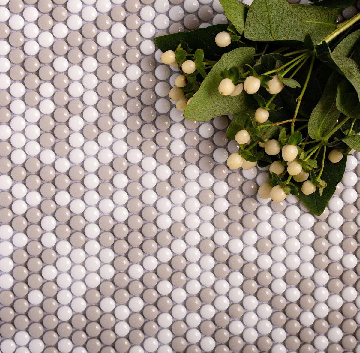 White and tan penny tile made of recycled glass