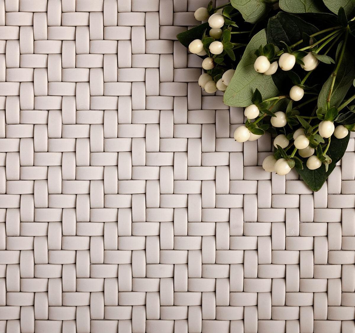 Cream Recycled Glass Basket Weave Mosaic Tile