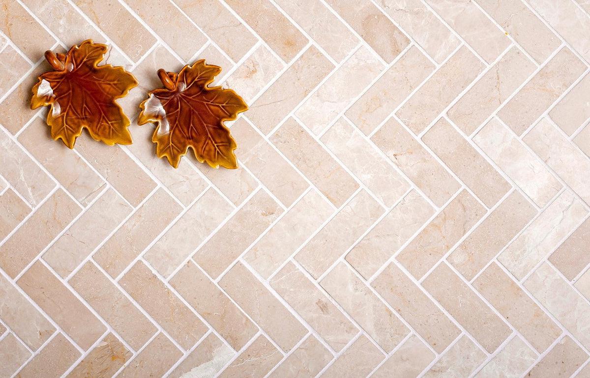Crema Marfil Herringbone 1X3 Polished Marble Mosaic Tile | Tile Club
