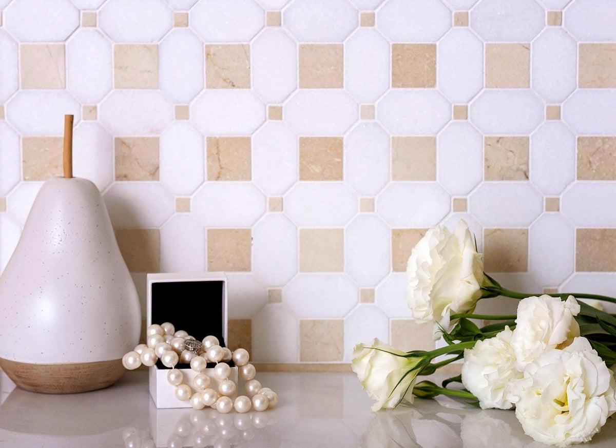 White Marble Mosaic Tile with Neutral Squares