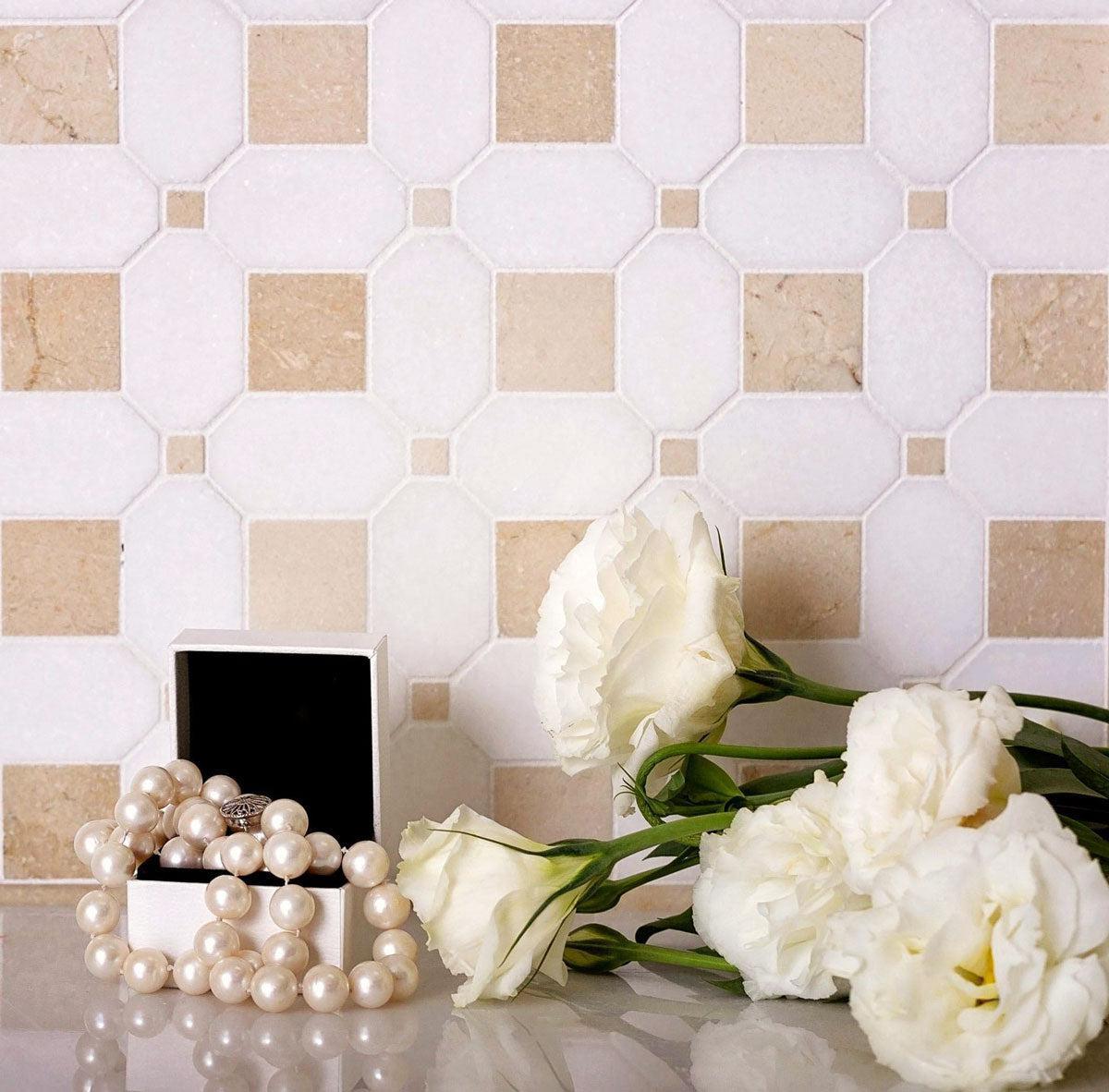 Crema Marfil Square And Thassos Octagon Marble Mosaic Tile