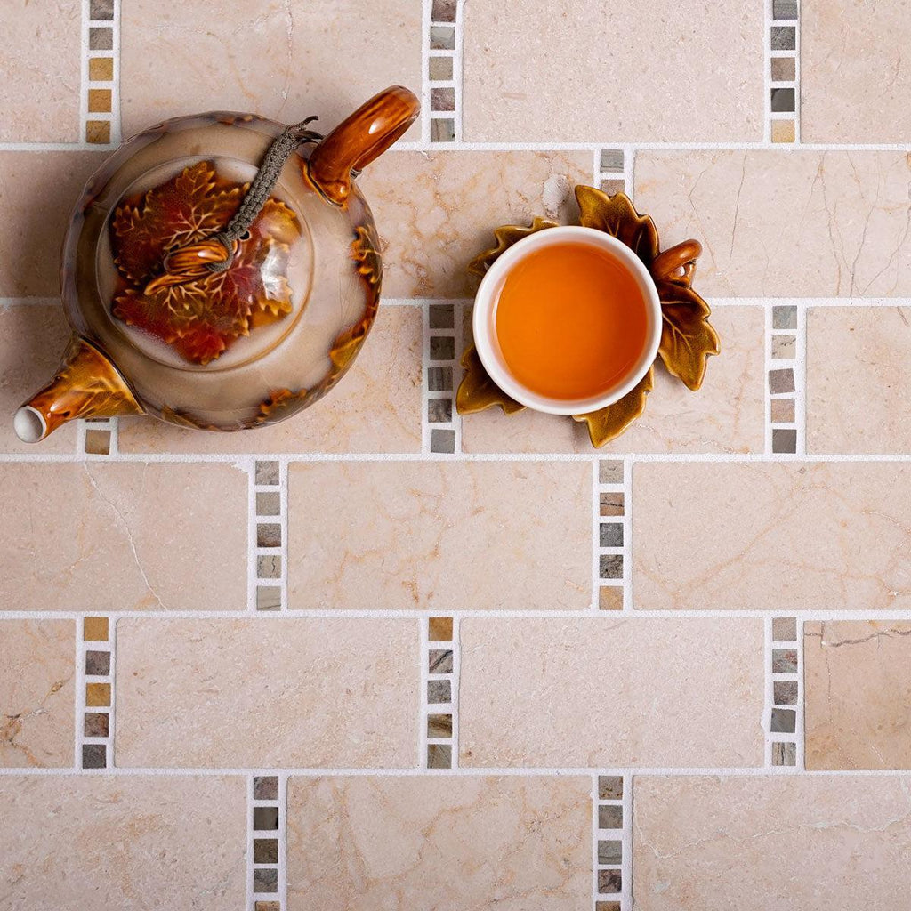 Crema Marfil Marble Subway Tile with Mosaic Dots