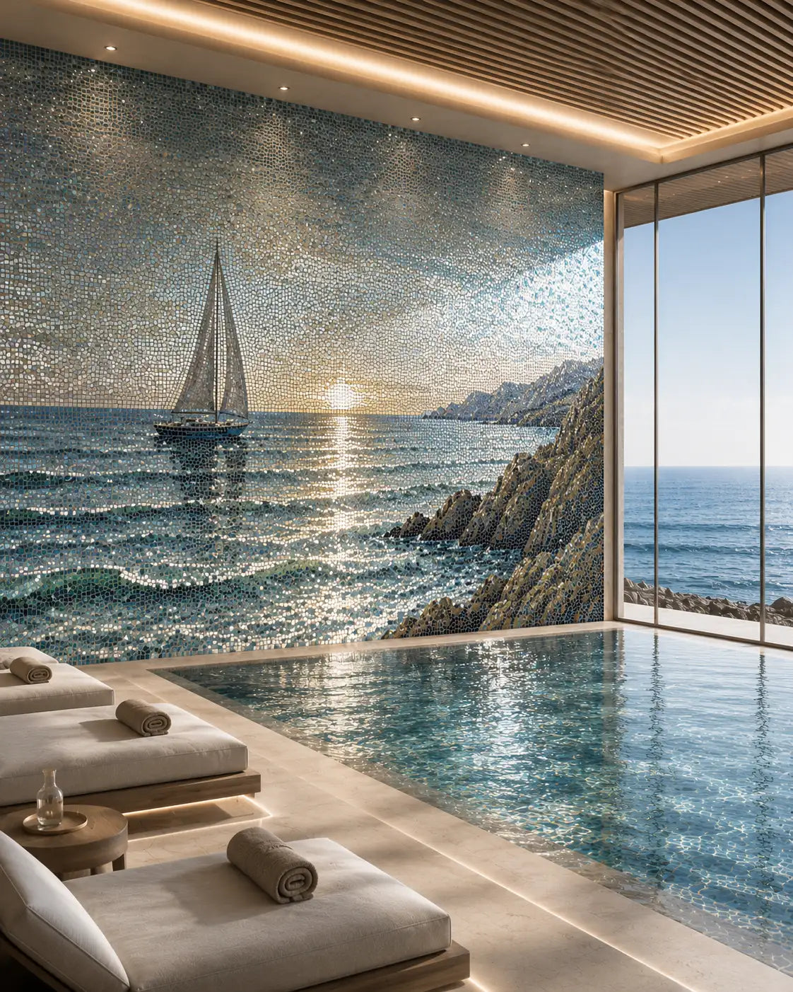 An indoor infinity pool area with a large wall tile mural depicting a sailboat on a blue ocean at sunset. The room has a wood slat ceiling with warm lighting, modern lounge chairs with rolled towels, and floor-to-ceiling windows looking out to the sea.