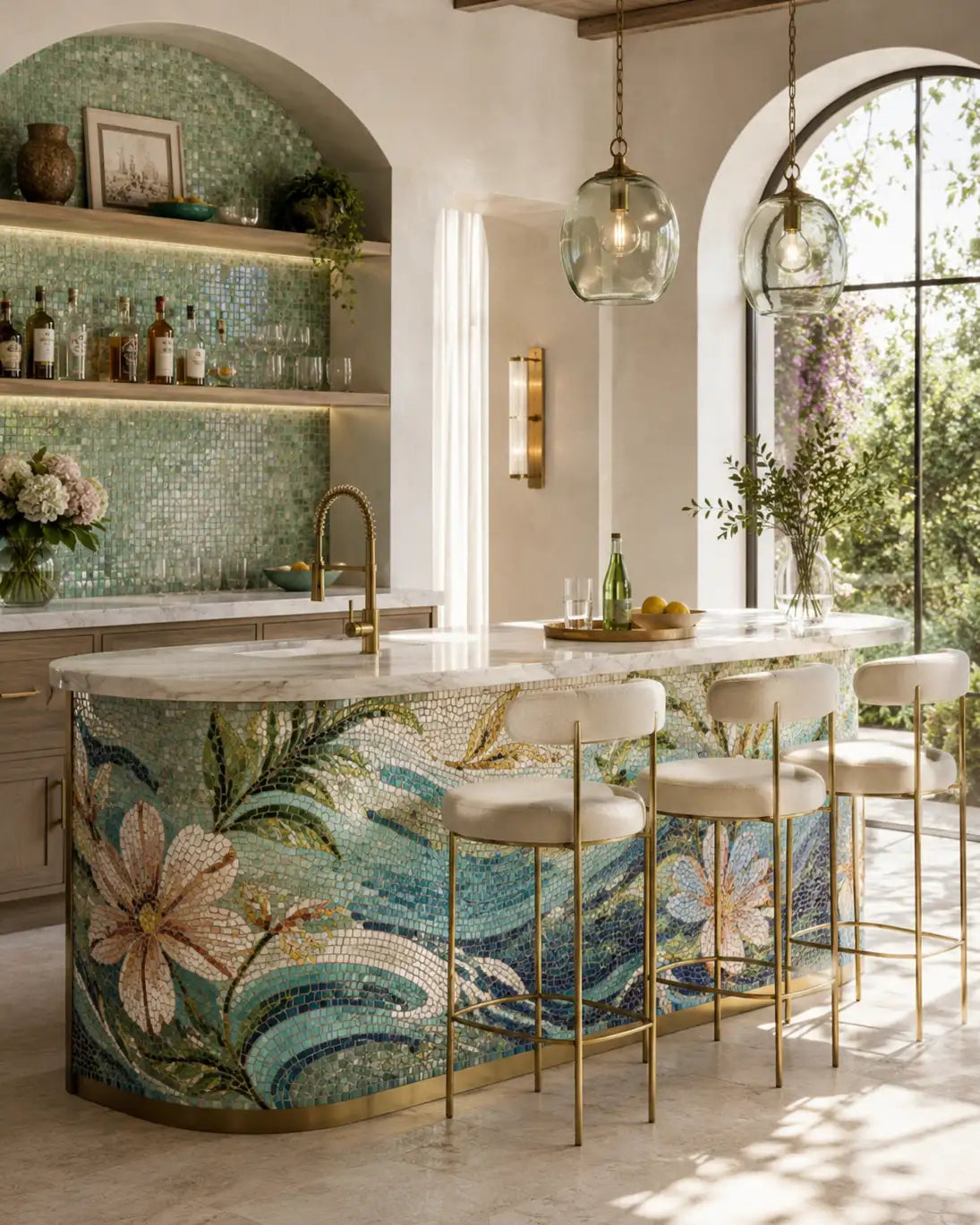 A luxury kitchen island featuring a detailed mosaic tile design with blue waves, pink flowers, and green foliage, paired with white bar stools and a marble countertop in a bright, sunlit kitchen.