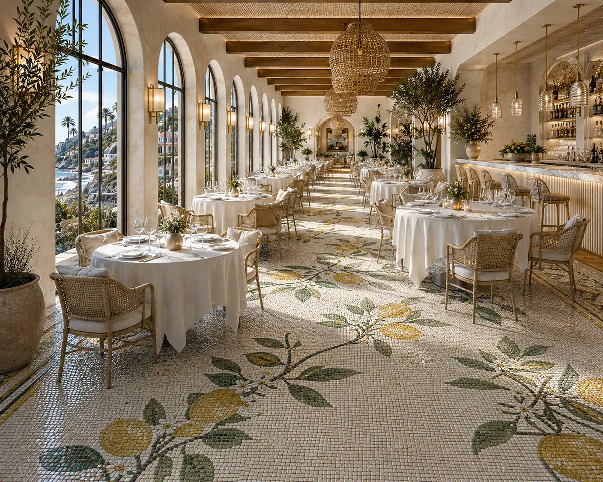 A grand restaurant interior with round dining tables set with white tablecloths and chairs, a long bar area, arched windows, and a decorative tiled mosaic floor featuring a lemon and leaf pattern.