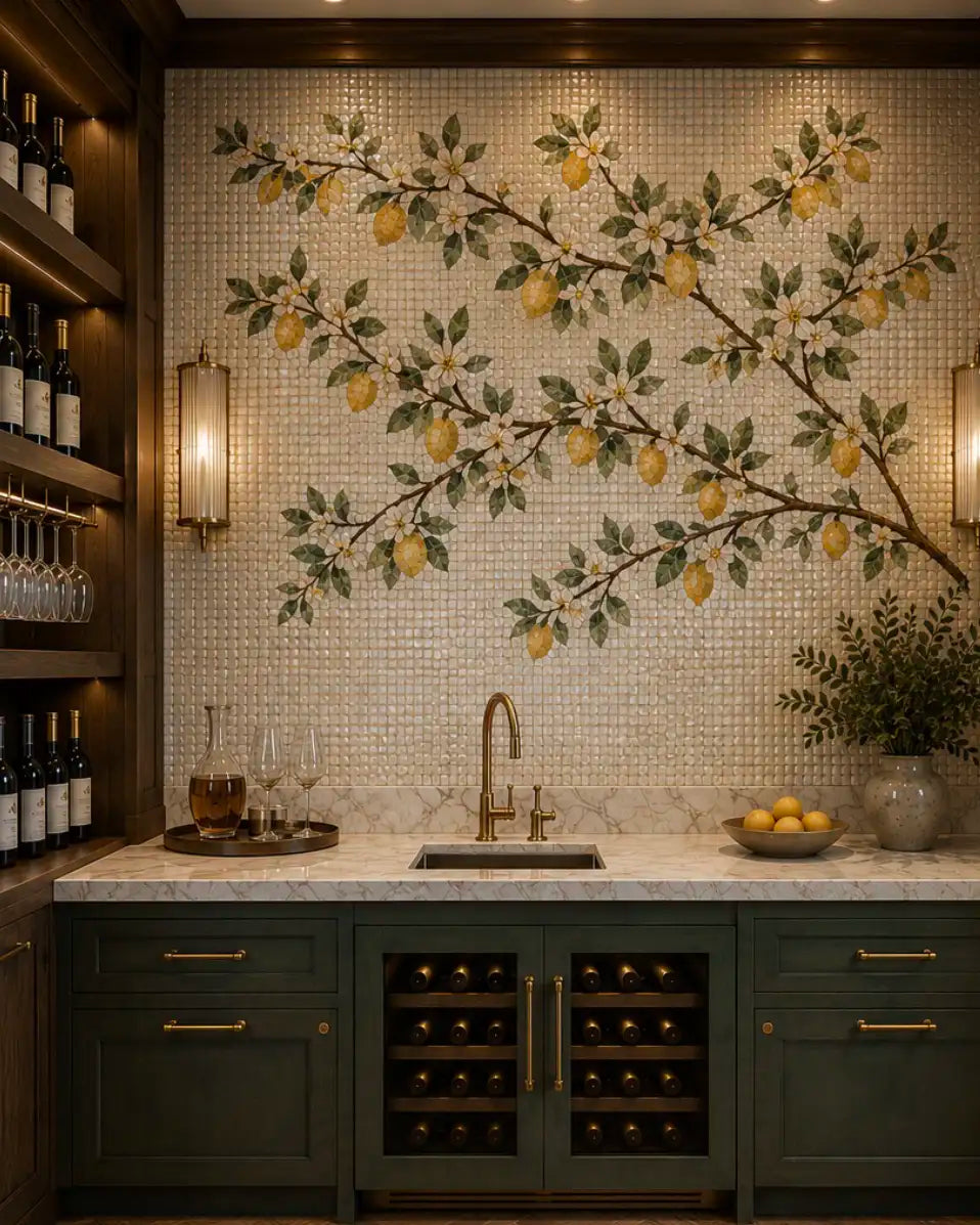 A luxury kitchen bar area featuring a large decorative tiled mural of a lemon tree branch with yellow lemons and green leaves. Below the mural is a white marble countertop with a gold faucet, brass wall sconces, wine bottles on dark green cabinets, and a bowl of lemons.