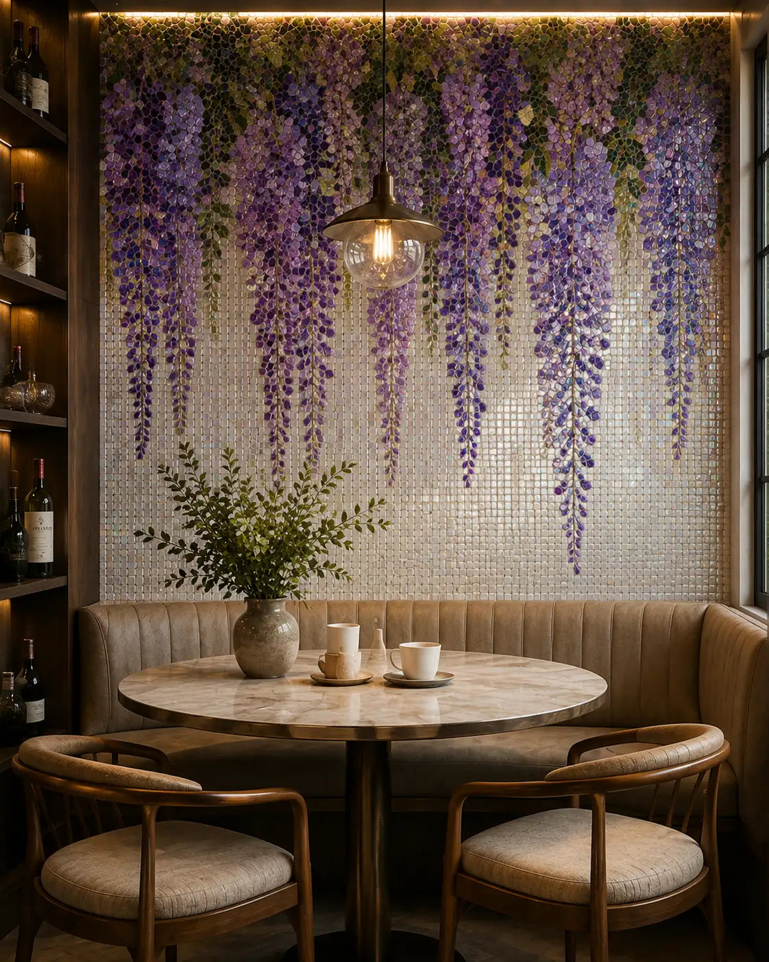 A cozy restaurant booth with a round marble-top table, two upholstered wooden chairs, a hanging pendant light, and a decorative tiled mural wall covered in cascading purple wisteria flowers and green leaves.