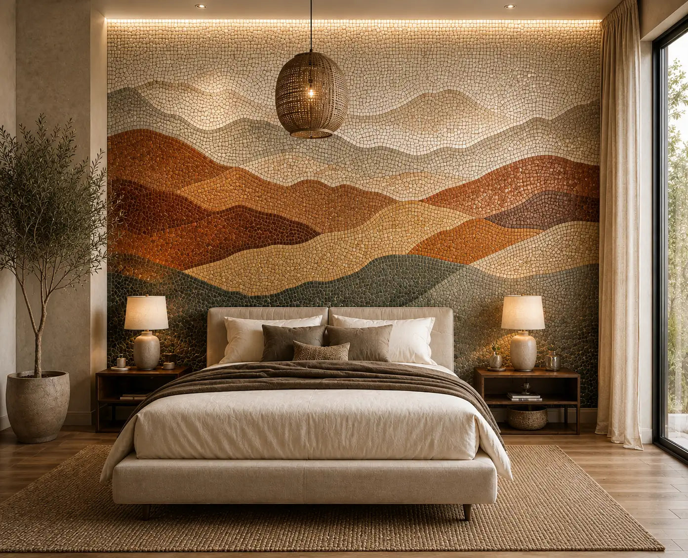 A modern luxury hotel bedroom featuring a large mosaic tiled wall mural with layered mountain pattern in earthy tones of brown, beige, gray, and muted green. 