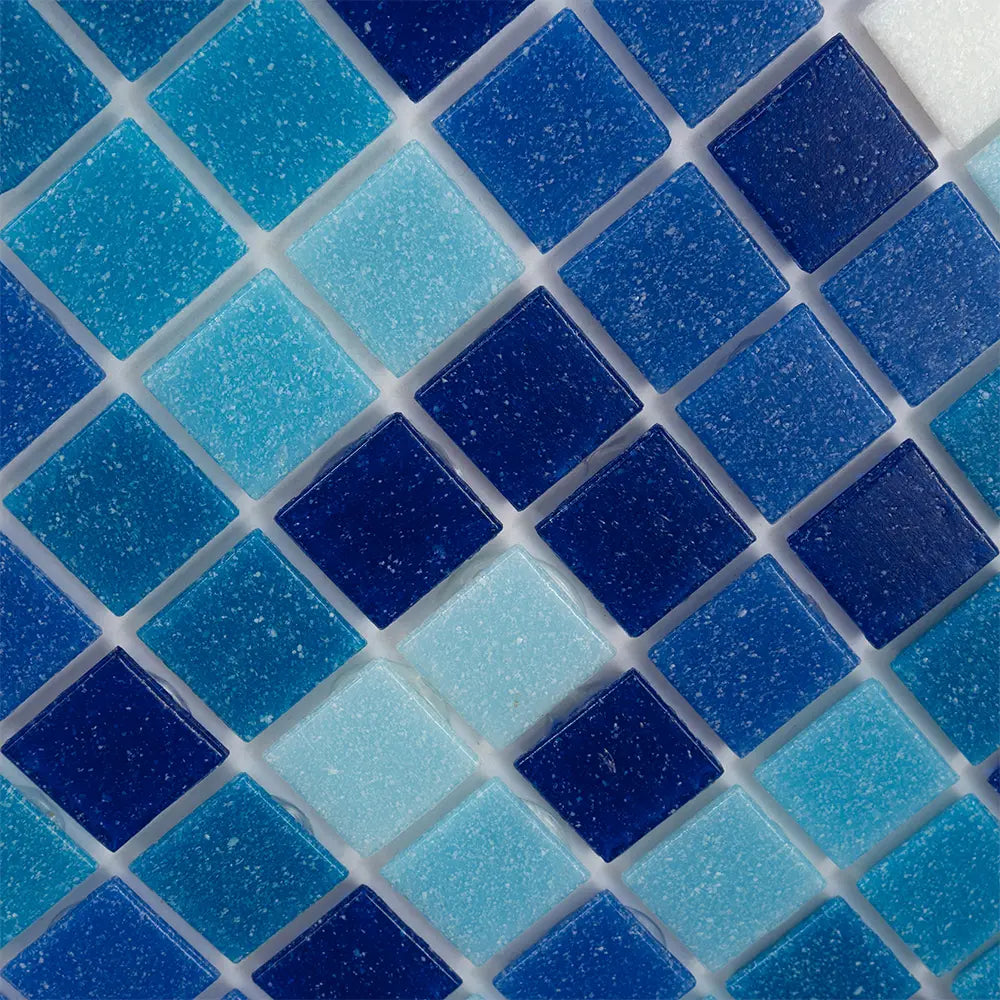 White and Multi Blue Gradient Mixed Squares Glass Pool Tile | Tile Club