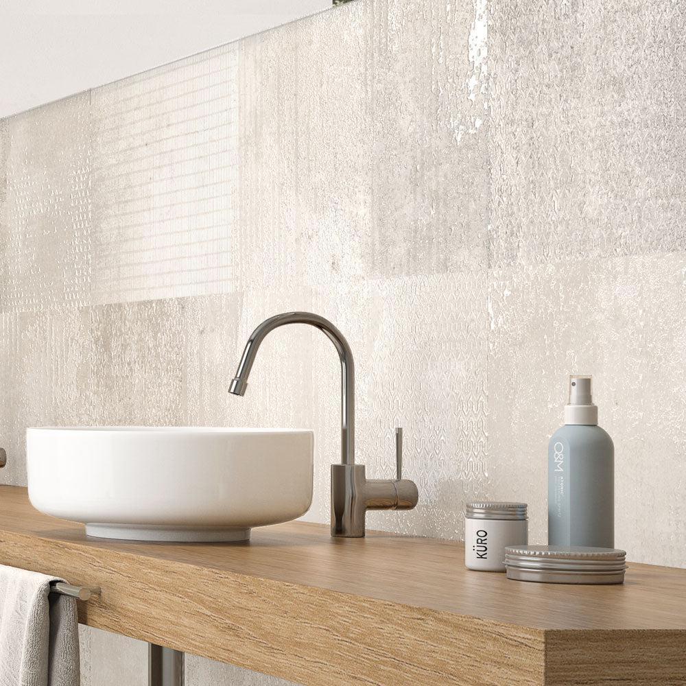 Modern Bathroom with Floating Wood Vanity and Decorative White Porcelain Tiles