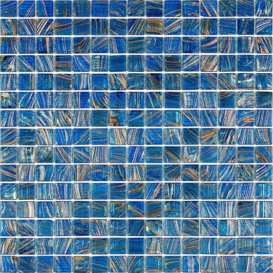 Deep Blue & Gold Swirls Mixed Glossy Squares Glass Pool Tile