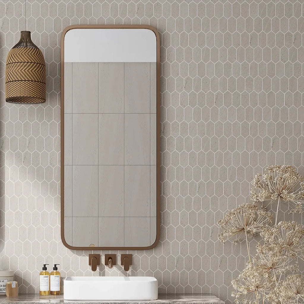 Denali Beige Concrete Look Ceramic Mosaic Tile Bathroom Wall