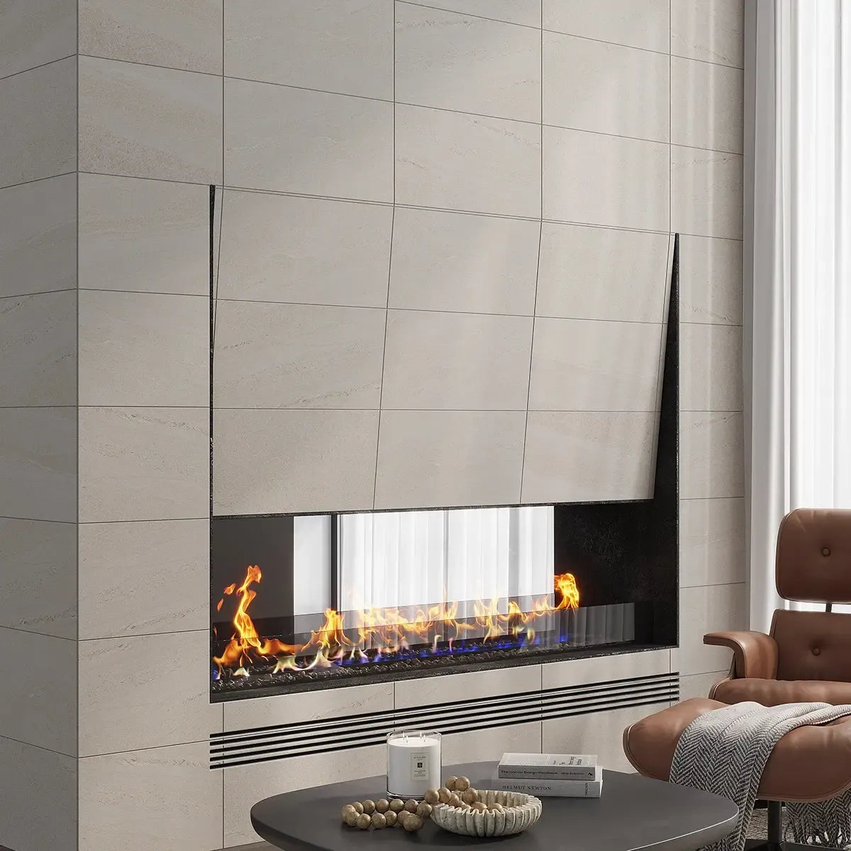 Denali Gray Concrete Look Porcelain Tile 12" x 24 Fireplace Surround