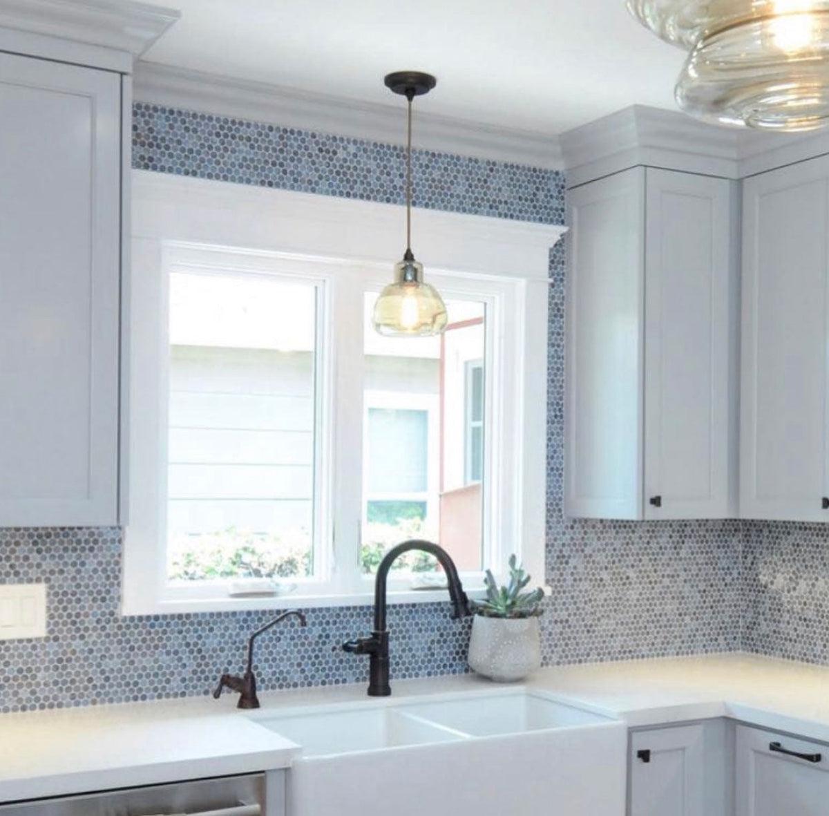 Blue and White Kitchen Backsplash with Denim Glass Penny Round Mosaic Tile
