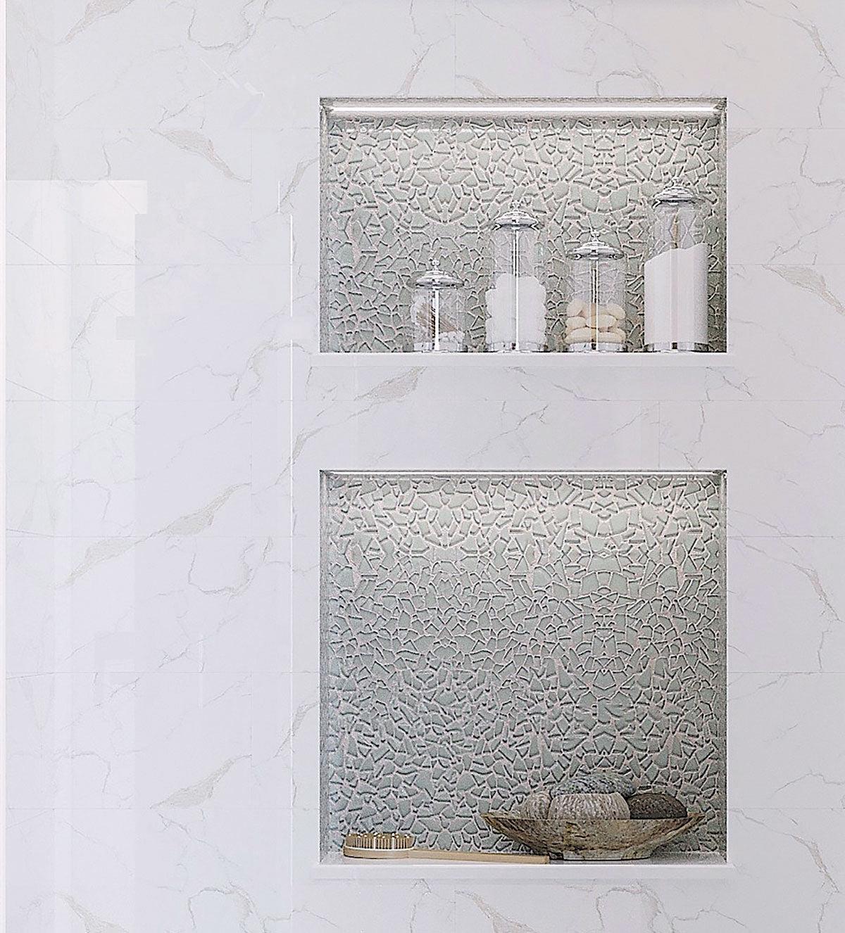 Diamond White Glass Pebble Mosaic Tile Shower Niche with Marble Look Porcelain