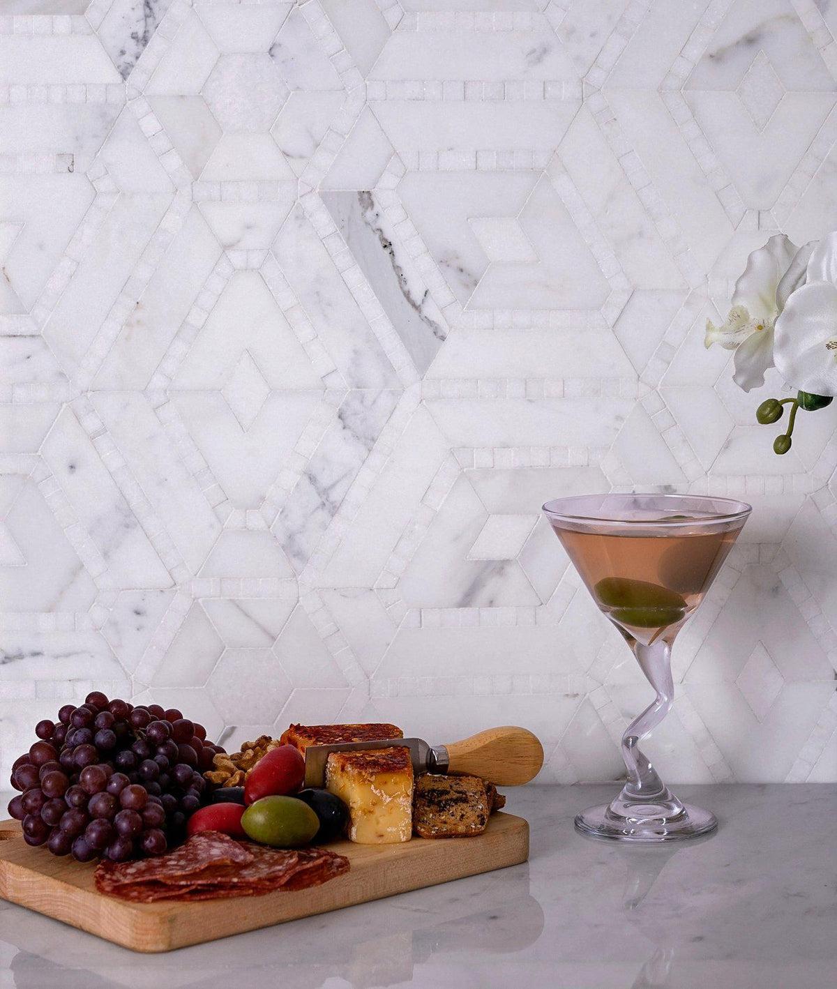 Diamond & Hex Calacatta Gold Marble Mosaic Tile in the Kitchen