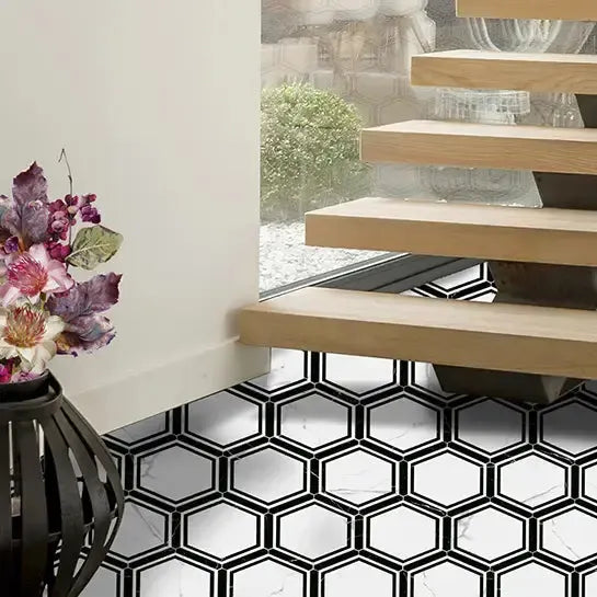 Montura White and Black Marbled Porcelain Hexagon Tile | Tile Club